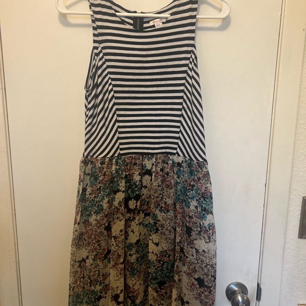 Striped black and white and Floral Sleeveless Dress